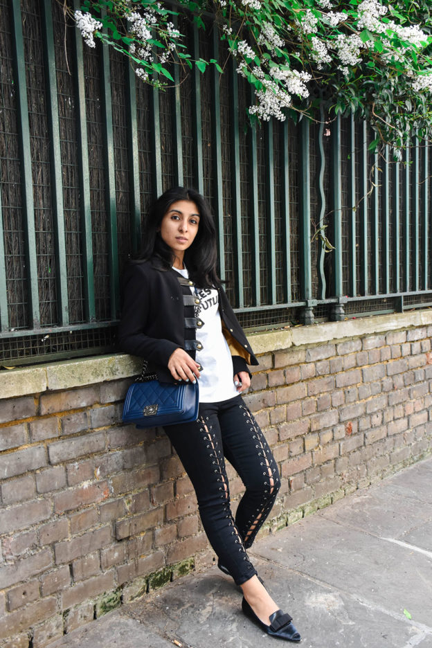 Fashion blogger Shloka Narang shares how to style lace up jeans featuring Topshop Jeans and t-shirt