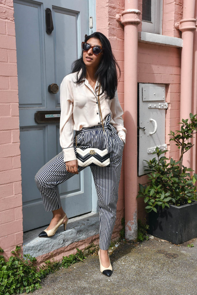 grey and white striped pants outfit