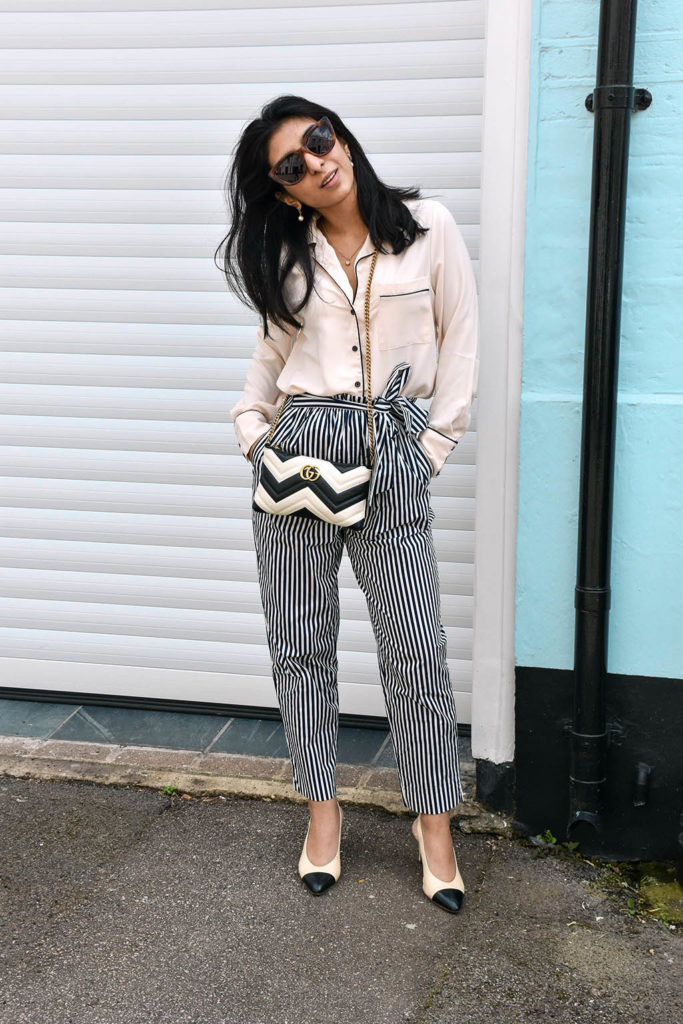 gray striped pants outfit