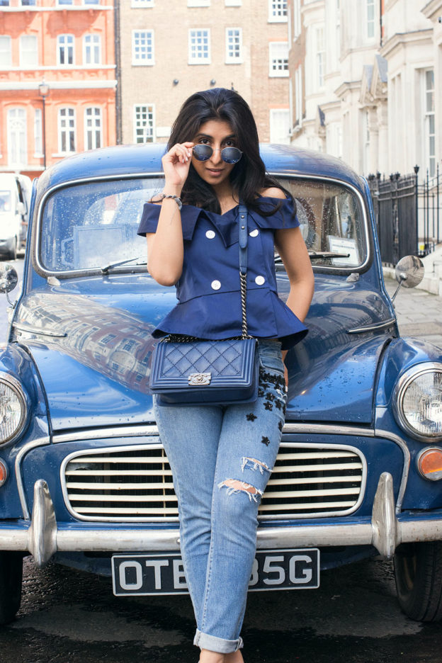 Fashion blogger Shloka Narang of The Silk Sneaker showcases how to wear a monochrome blue outfit