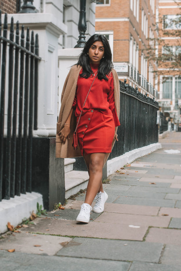 Fashion Blogger Shloka Narang of The Silk Sneaker creates a fabulous red outfit showing you how to wear monochrome outfits this fall