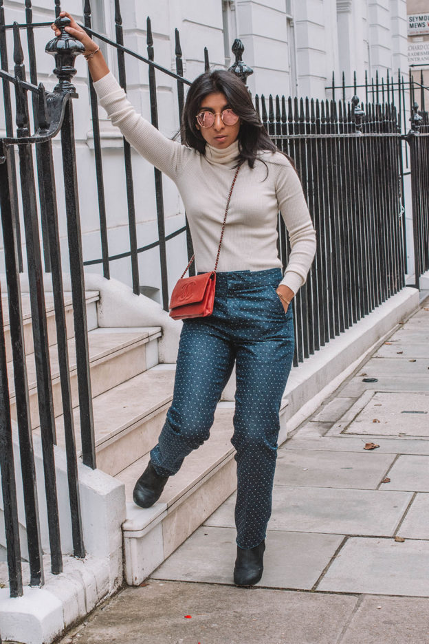 Fashion blogger Shloka Narang of The Silk Sneaker creates a gorgeous outfit to elevate a jeans and sweater combo for everyday!