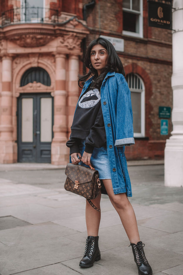 Fashion blogger Shloka Narang of The Silk Sneaker shares how to wear denim on denim for a double denim spring outfit featuring Louis Vuitton and Markus Lupfer