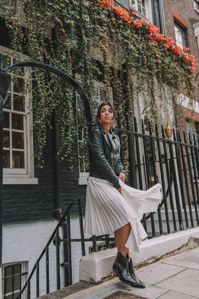 silk pleated skirt outfit