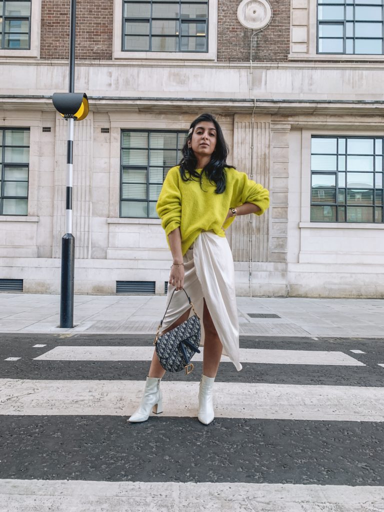 Fashion blogger Shloka Narang of The Silk Sneaker showcases her London Fashion Week Street Style looks for 2019 including neon, tie dye, silk slip skirts and the Dior Saddle Bag