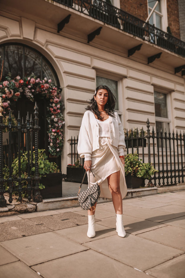 satin dress and sneakers