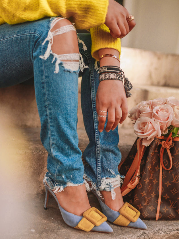 Luxury fashion blogger Shloka Narang of The Silk Sneaker shares how to wear neon in a spring outfit for every day featuring Zara, Paige and Louis Vuitton