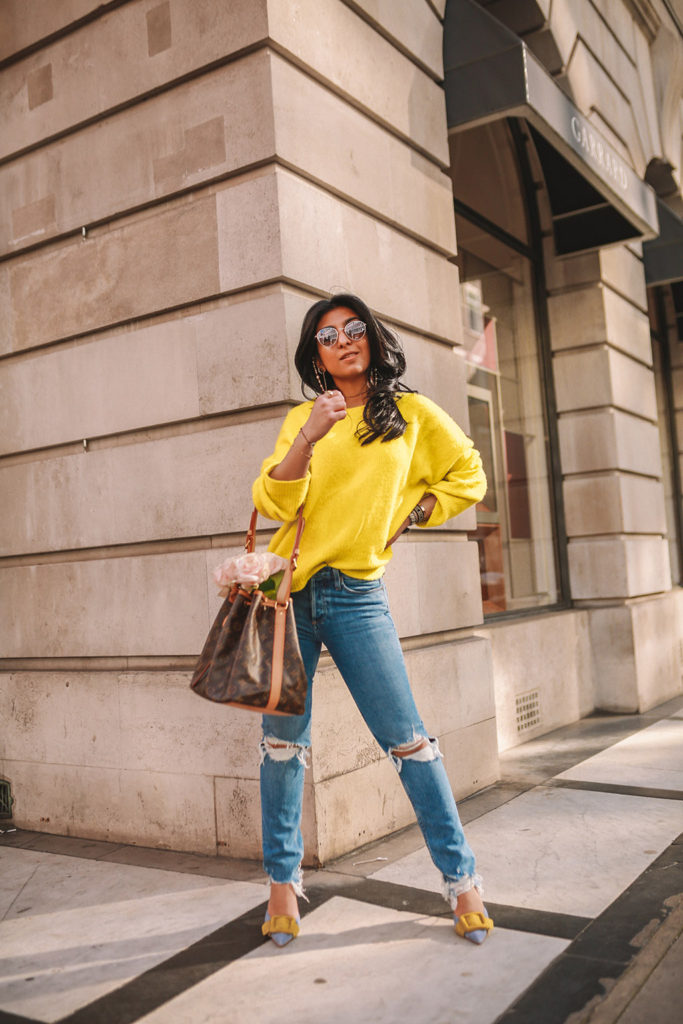 Luxury fashion blogger Shloka Narang of The Silk Sneaker shares how to wear neon in a spring outfit for every day featuring Zara, Paige and Louis Vuitton