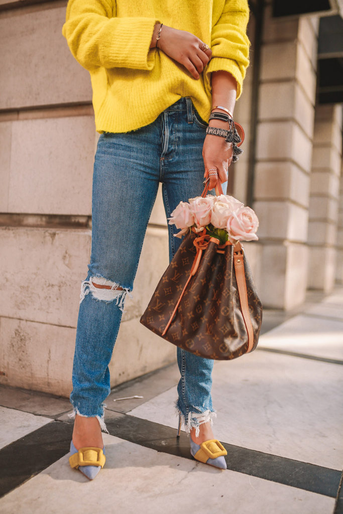 Luxury fashion blogger Shloka Narang of The Silk Sneaker shares how to wear neon in a spring outfit for every day featuring Zara, Paige and Louis Vuitton
