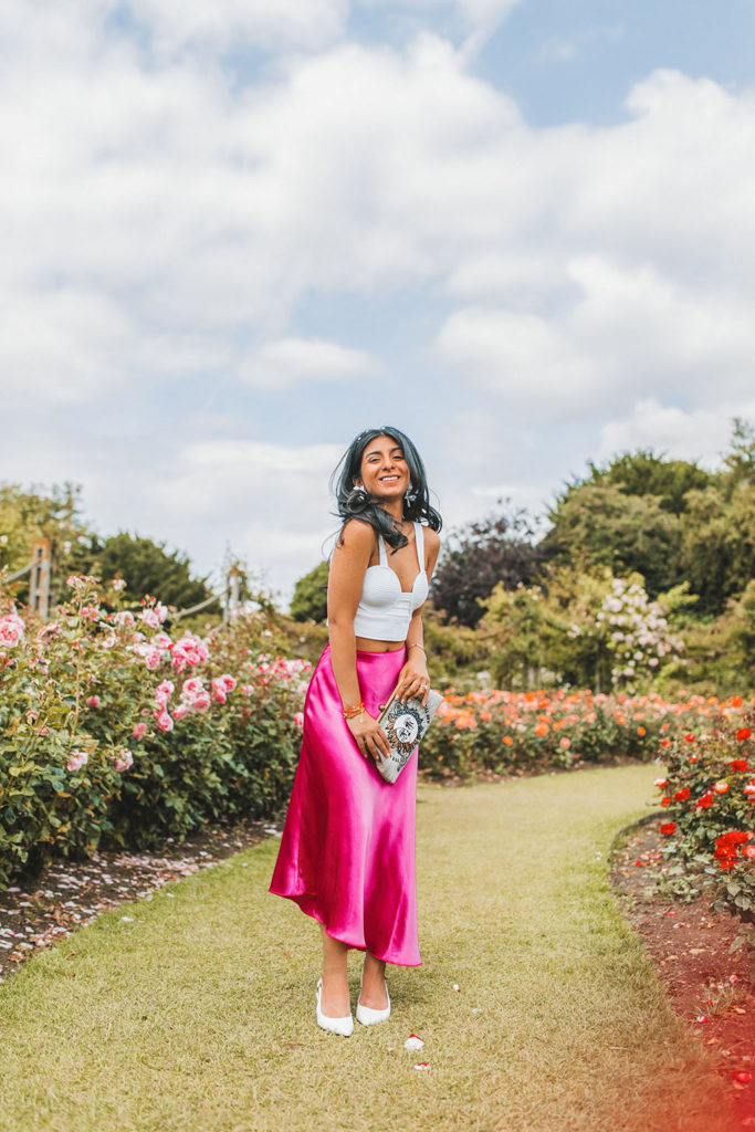 pink midi skirt silk