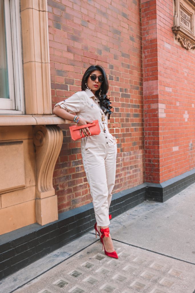 Fashion blogger Shloka Narang of The Silk Sneaker shares her London Fashion Week Streetstyle in a utility jumpsuit from Topshop and Gianvito Rossi
