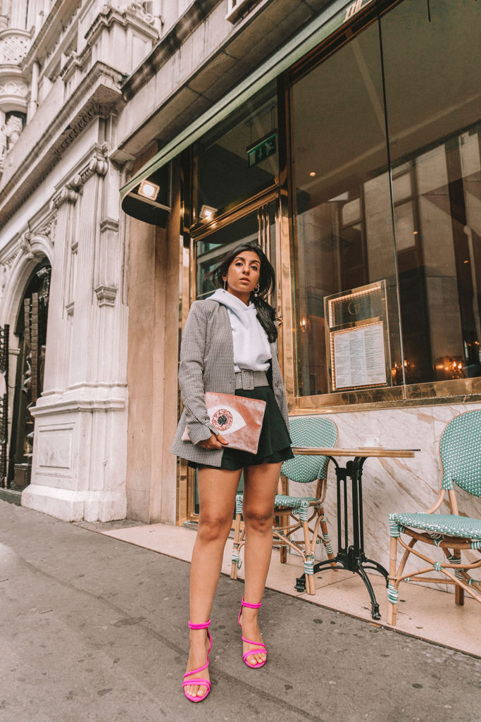 Luxury fashion blogger Shloka Narang of The Silk Sneaker shares three new ways to wear a blazer for the perfect autumn winter outfit featuring a plaid Zara blazer and pink heels