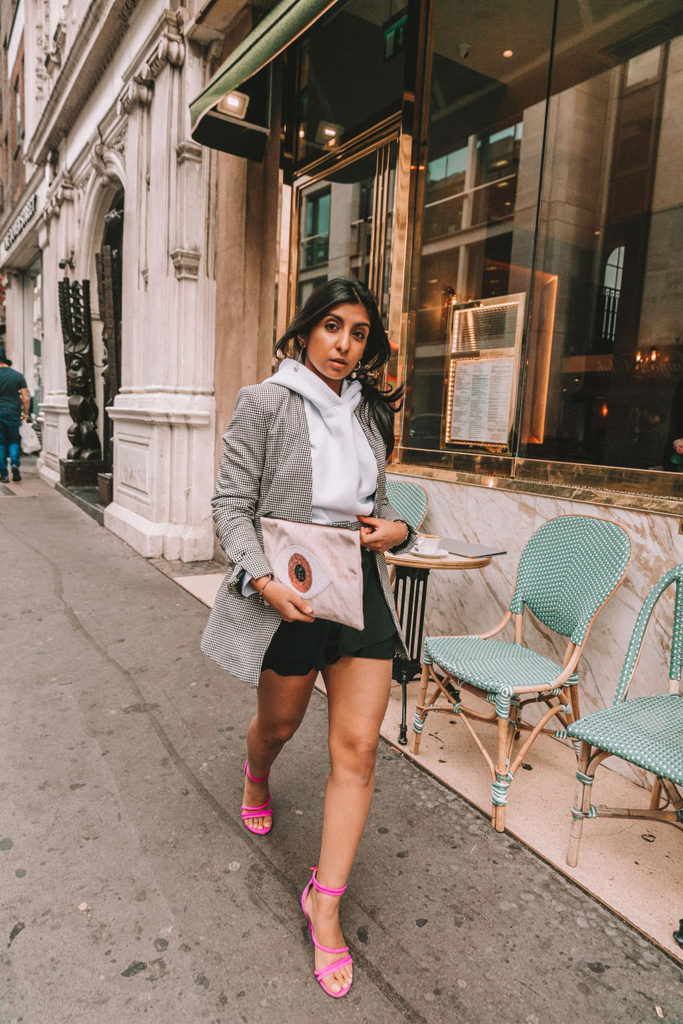 Luxury fashion blogger Shloka Narang of The Silk Sneaker shares three new ways to wear a blazer for the perfect autumn winter outfit featuring a plaid Zara blazer and pink heels
