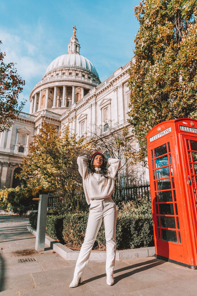 Luxury fashion blogger Shloka Narang of The Silk Sneaker shares an all white winter outfit idea for 2020 featuring Zara and Topshop at St. Pauls London