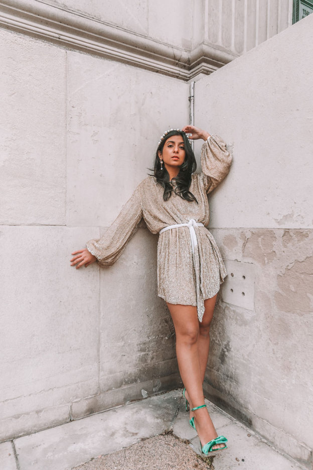 Luxury fashion blogger Shloka Narang of The Silk Sneaker shares her ultimate guide to the best christmas party dresses of 2019 and where to buy them featuring a Retrofete sequins dress