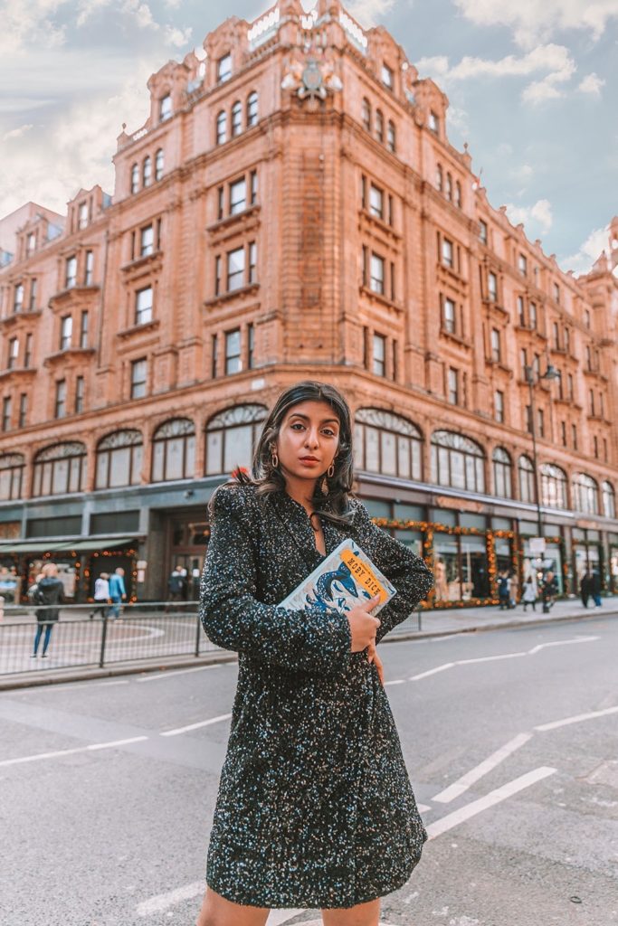 Luxury fashion blogger Shloka Narang of The Silk Sneaker shares a Christmas party and New Years Eve outfit while styling a sequins blazer dress from & Other Stories and Gianvito Rossi Heels outside Harrods
