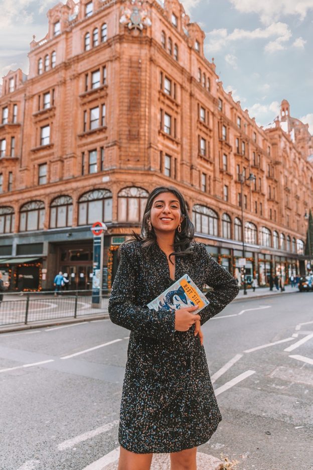Luxury fashion blogger Shloka Narang of The Silk Sneaker shares a Christmas party and New Years Eve outfit while styling a sequins blazer dress from & Other Stories and Gianvito Rossi Heels outside Harrods