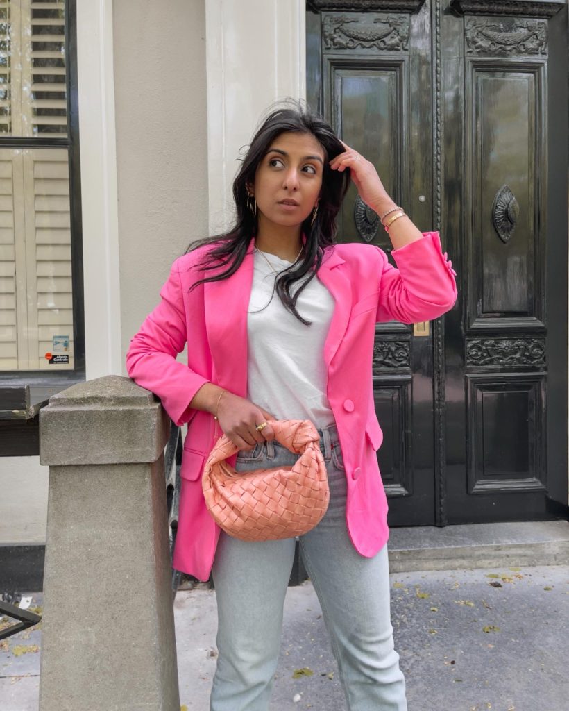 Luxury Fashion Blogger Shloka of The Silk Sneaker styles a Bottega Mini Jodie Bag